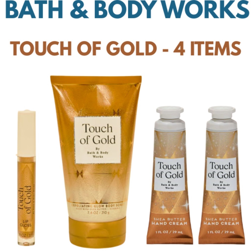 Bath & Body Works - 4 Touch of Gold Items - Body Scrub, Lip Gloss & 2 Hand Cream